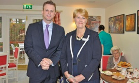 Colten Care: ITV Daybreak reporter Nick Dixon with Home Manager Ann-Marie Medd in the Terrace Tea Room at St Catherine's View in Winchester.