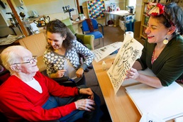 Hawthorn Green resident Thomas Diss, 89, with Phakama staff Corinne Micellaf and Sophie Herxheimer