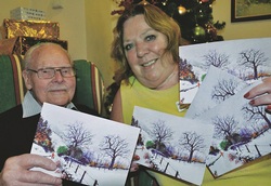 Cyril Bibbs and Janie Pearman, manager at Belmore Lodge in Lymington, with cards showing Cyril's painting