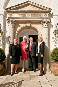 Left to right: Pat Britten, care home manager Beauchamp House, Lady Emma Kitchener, Lord Julian Fellowes and Felicity Irwin, chairman of Care South