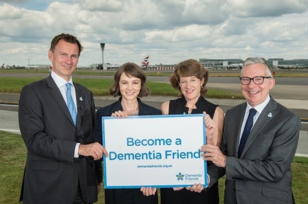 Secretary of State for Health Jeremy Hunt, UK Global Dementia Friends Ambassador Carey, Clare Harbord and chief executive of Alzheimer's Society Jeremy Hughes
