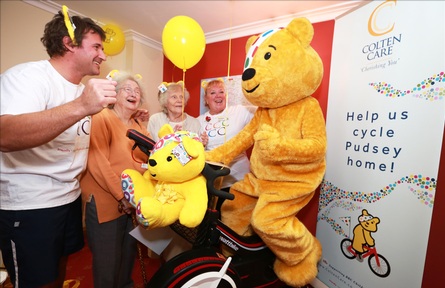 Pudsey Bear starts the Children in Need 'Cycle Pudsey Home' challenge.