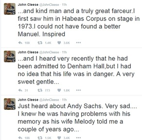 John Cleese, who played Basil Fawlty in the classic sitcom takes to Twitter to comment on Andrew Sachs' death