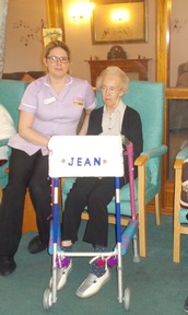 Resident Jean Fisher and her personalised walking aid