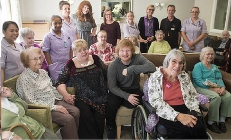 Singer Ed Sheeran with his groupies at Mills Meadow Care Home Credit: Care UK