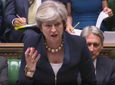 Prime Minister Theresa May during PMQs on 6 September Credit: Parliament TV