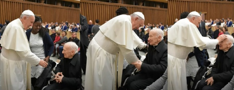 Father George receives a papal blessing from Pope Francis  Credit: Care UK