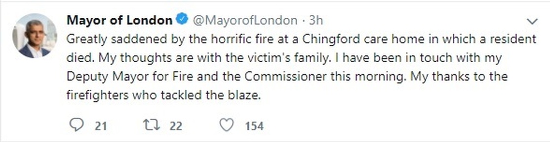 Sadiq Khan's tweet about resident's death Credit: Twitter