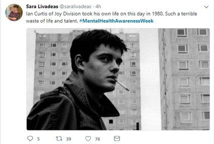 @Sara Livadeas tweet on Joy Division singer Ian Curtis