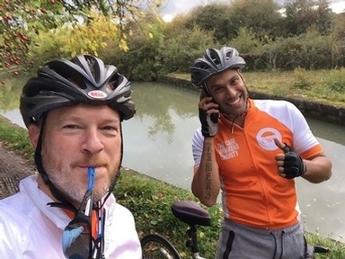 The CWC's 75-mile cycle ride in 2017, raised £24,100 to finance CWC hardship grants for care workers. Andrew Bennett marketing director at carehome.co.uk with Alex Ramamurthy. Credit: CWC