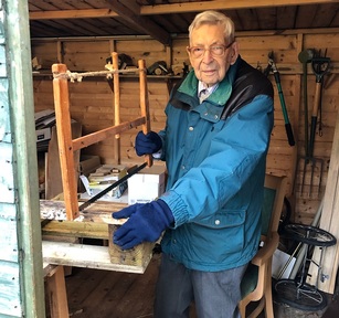 Bob Weighton in his shed making children's furniture. Credit: Brendoncare Alton