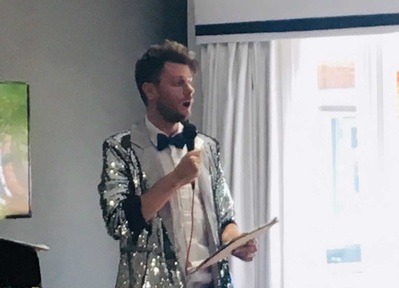 Sequin-jacketed Alex Farrow played compere at the comedy show on 28 August.
