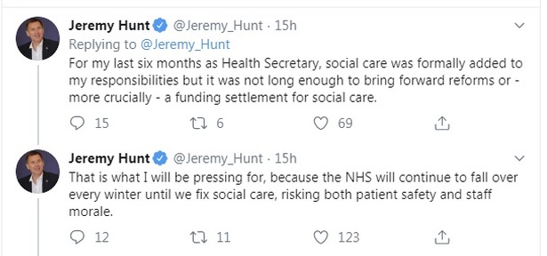 Jeremy Hunt tweets about his new job as chair of the Health and Social Care committee.