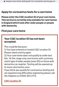 Government's portal message for Little Wakering House rejects Mark Topp's 22 May online request for testing kits.