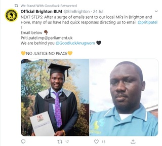 Black Lives Matter campaigners are supporting Mr Goodluck. On Twitter they are urging people to email the Home Secretary. Credit: @BLM Brighton