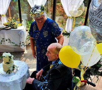 Jeff and Pauline Thomas in the beautifully decorated conservatory. Credit: Abbeydale Nursing Home