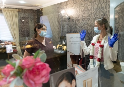 Care minister Helen Whately in the care home's beauty salon. Credit: Karuna Manor
