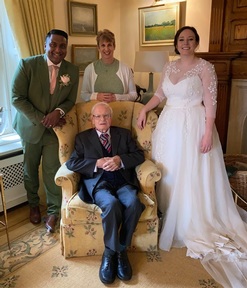 Frank Campbell with granddaughter Jessica, groom Sheleendra Fernando and Ann Marie Knight. Credit: Colten Care.