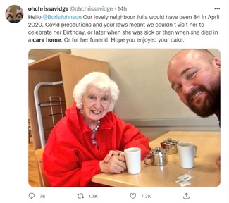 Tweet from @ohchrissavidge about deceased neighbour Julia who couldn't celebrate 84th birthday in 2020.