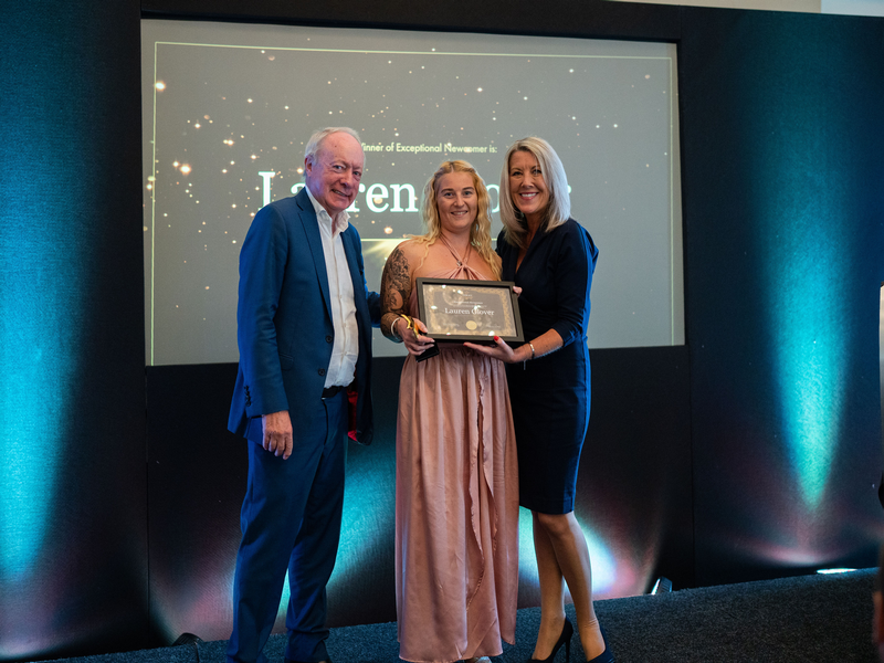 Winner of the exceptional newcomer award, Lauren Glover with Mike Parsons and Helen Davies-Parsons at the Dormy Care Awards. Credit: Dormy Care.