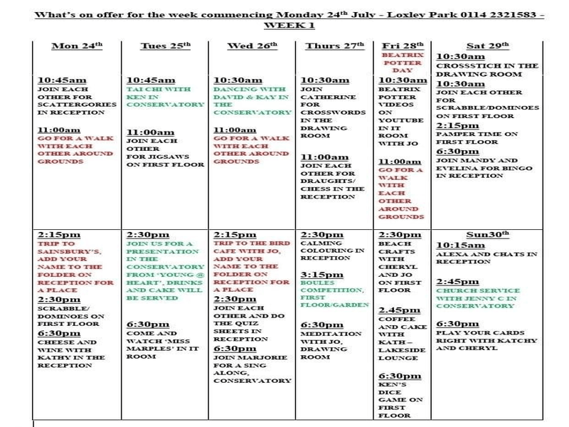 Loxley Park Activity Timetable